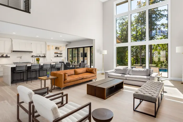 Open living room with tall windows